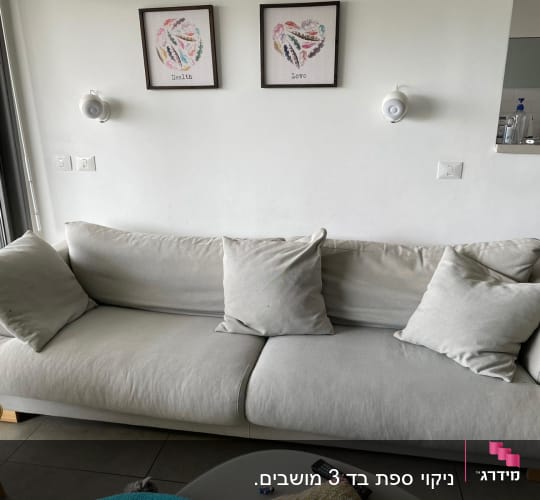 ספה אפורה עם כריות בסלון מואר
